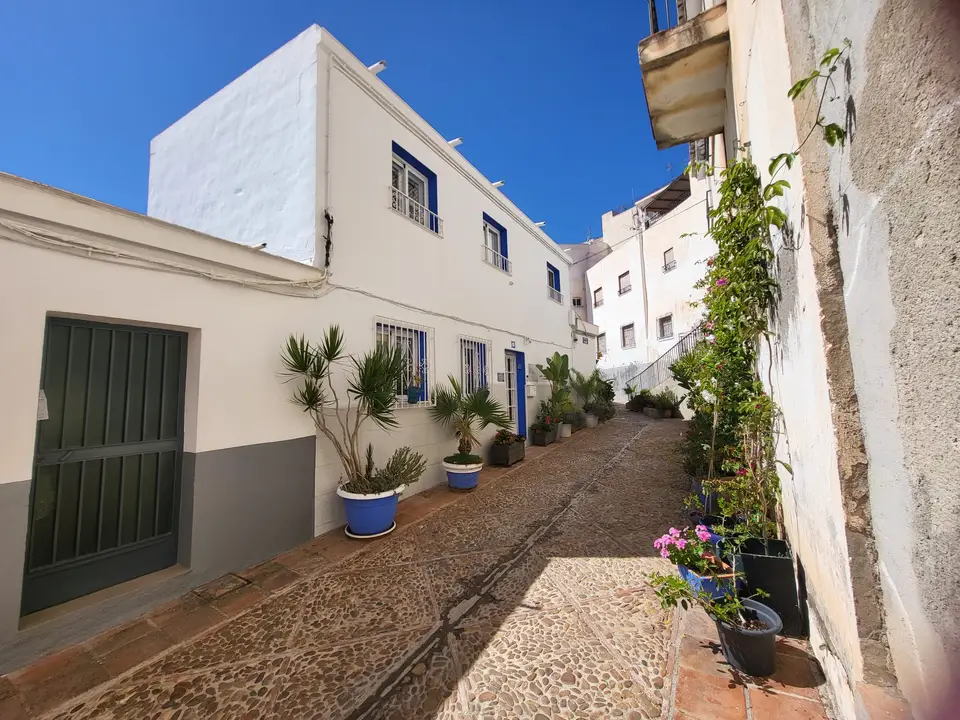 Een witte straat met potplanten in een dorp aan de Costa Tropical